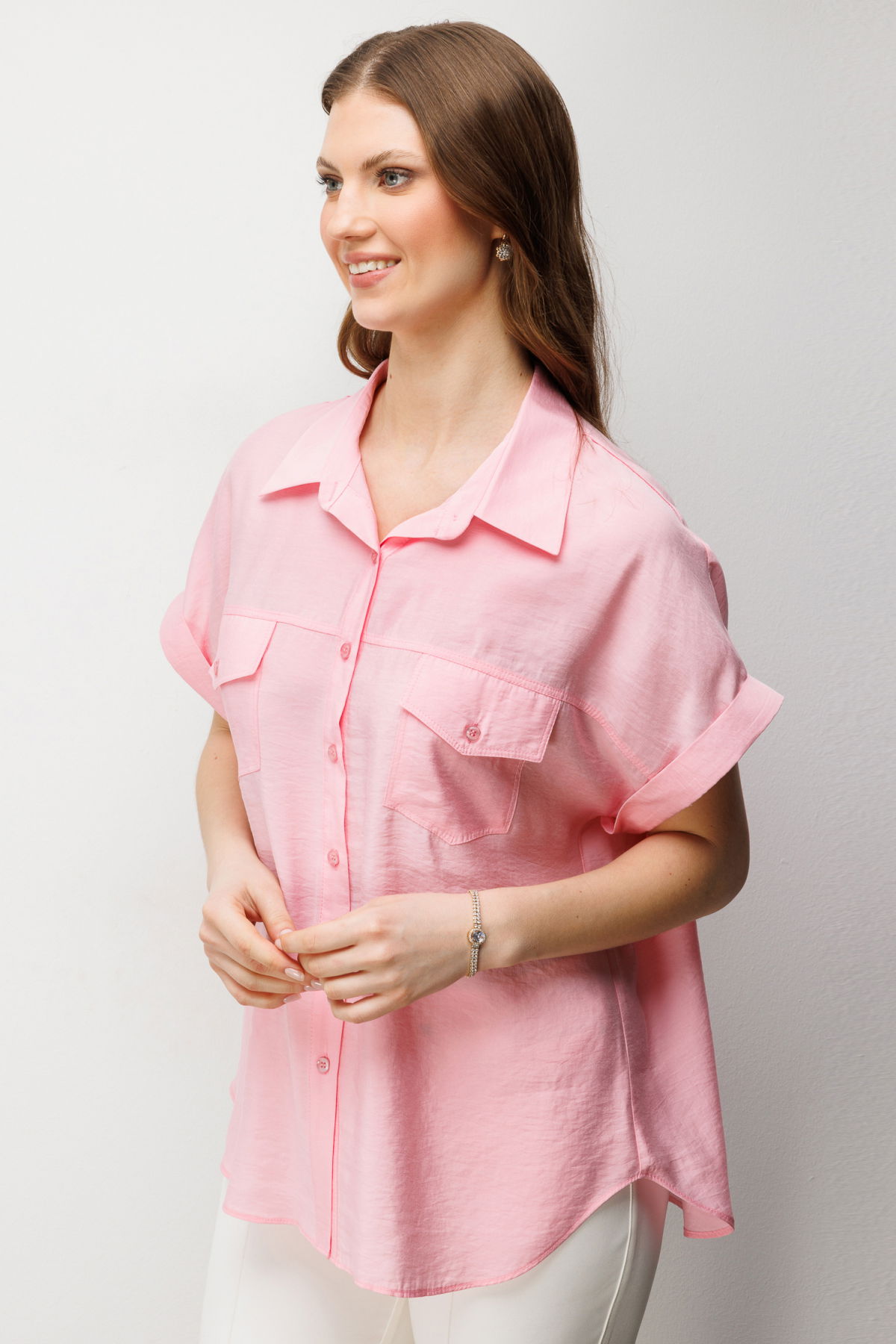 Ekol Kadın Büyük Beden Kapak Cepli Kısa Kol Gömlek 2588 Pembe - 2
