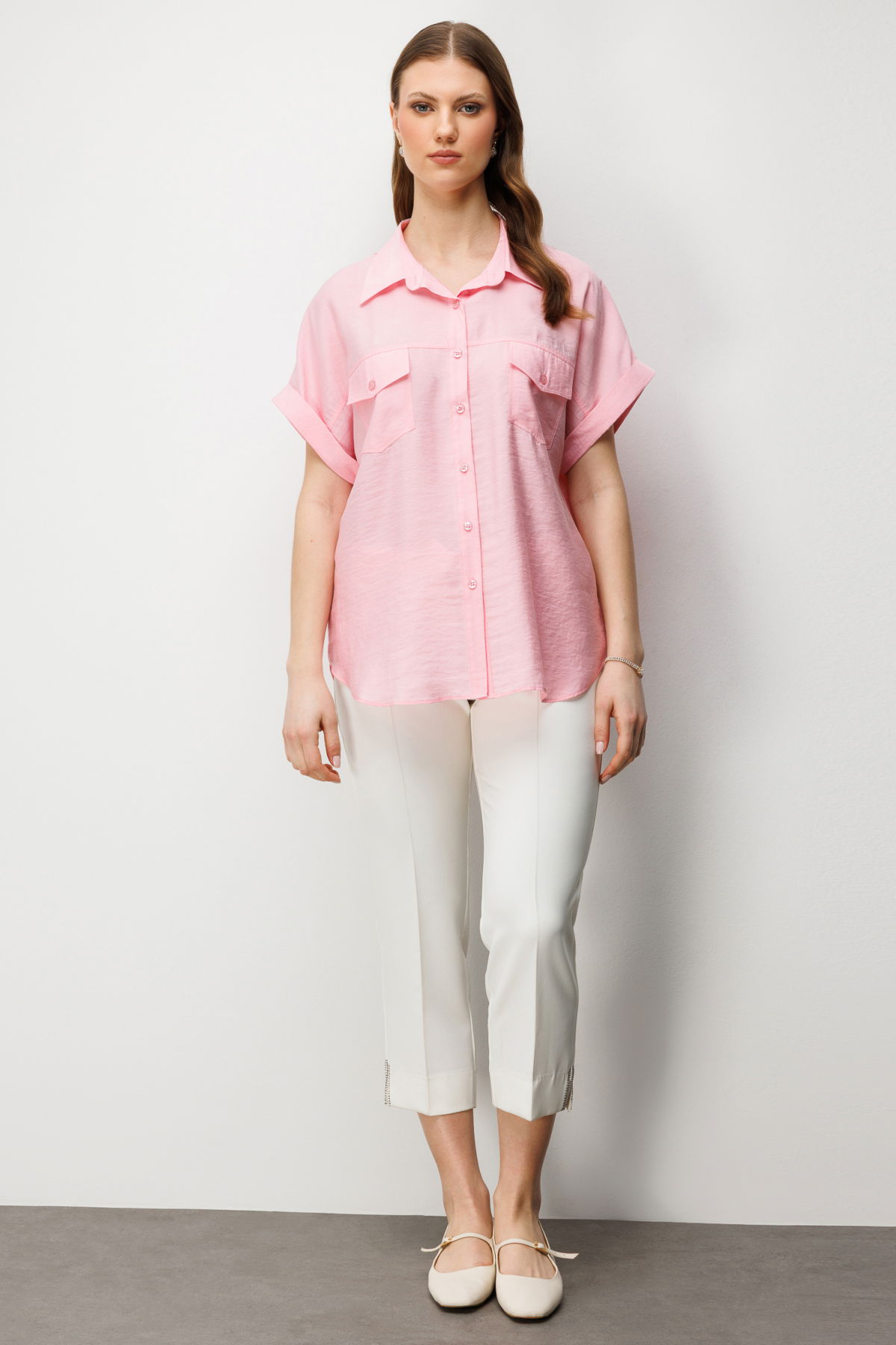 Ekol Kadın Büyük Beden Kapak Cepli Kısa Kol Gömlek 2588 Pembe - 3