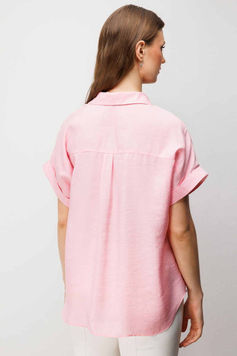 Ekol Kadın Büyük Beden Kapak Cepli Kısa Kol Gömlek 2588 Pembe - 4
