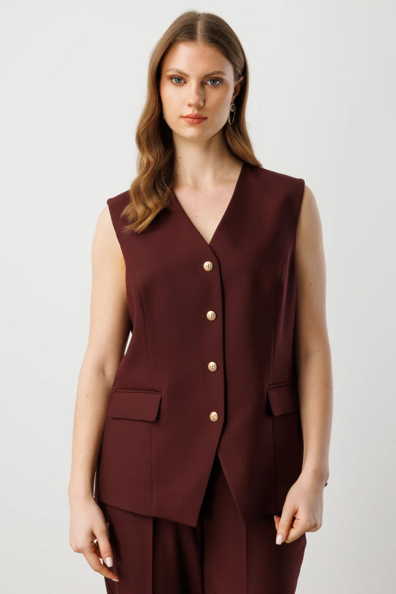 Ekol Kadın Büyük Beden Kapak Cepli V Yaka Yelek 5527 Bordo - Ekol