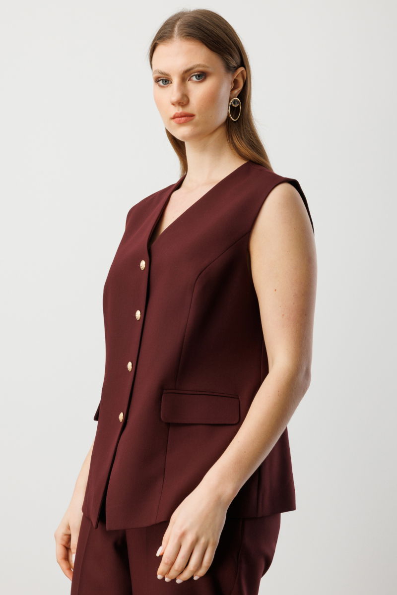 Ekol Kadın Büyük Beden Kapak Cepli V Yaka Yelek 5527 Bordo - 2