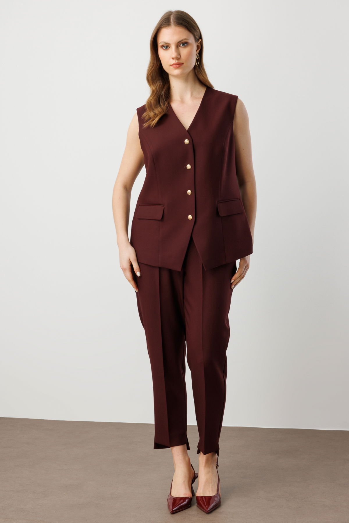 Ekol Kadın Büyük Beden Kapak Cepli V Yaka Yelek 5527 Bordo - 3