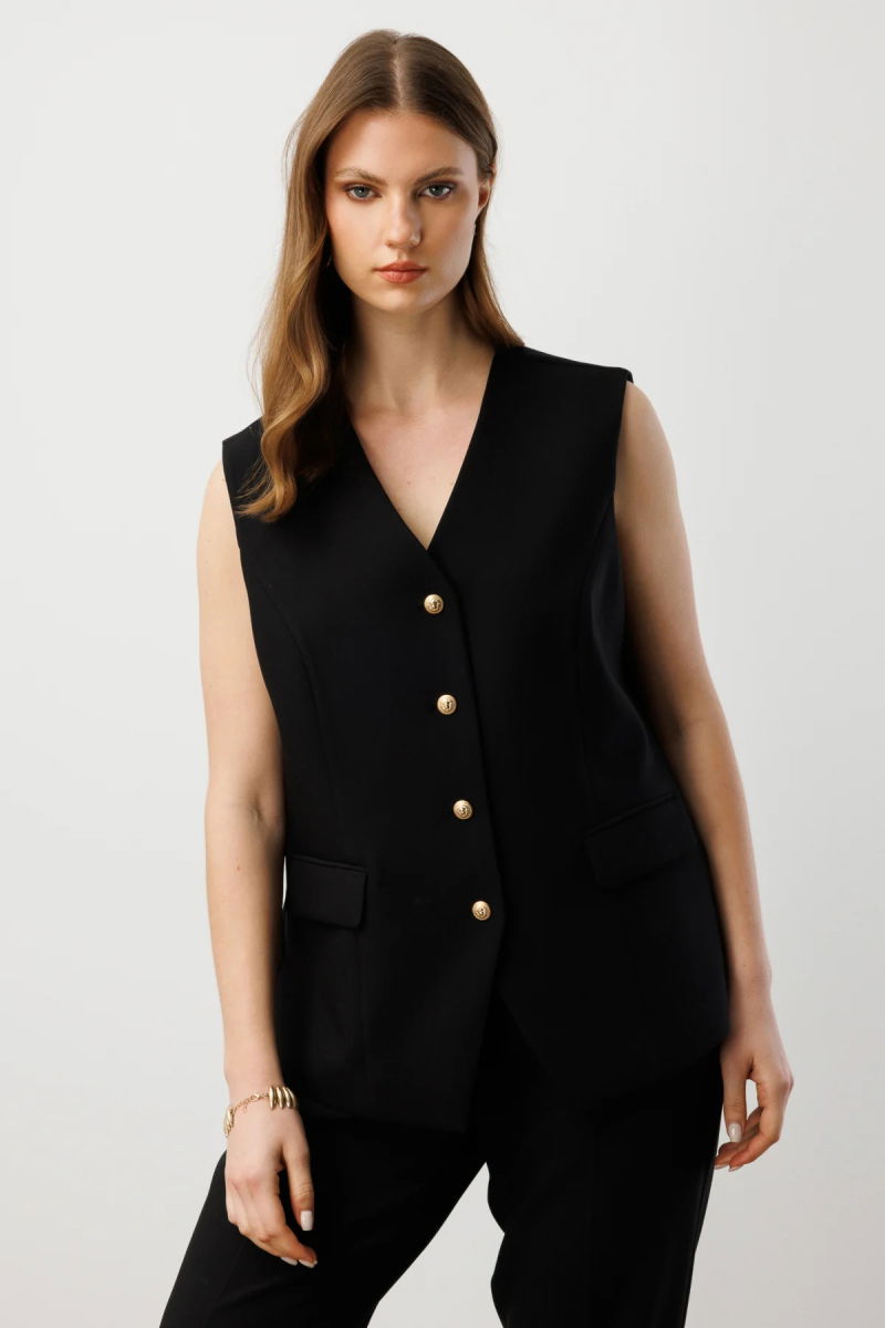 Ekol Kadın Büyük Beden Kapak Cepli V Yaka Yelek 5527 Siyah - Ekol