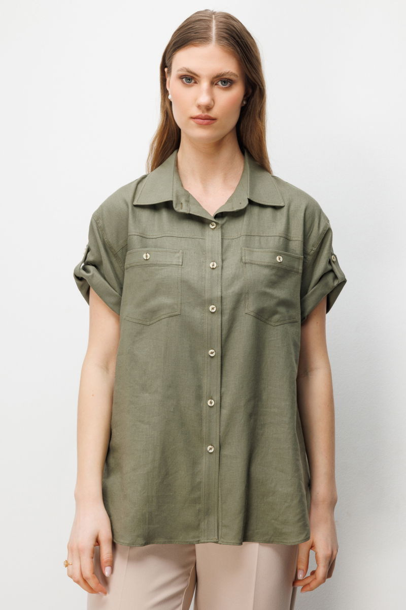 Ekol Kadın Büyük Beden Kısa Kollu Keten Gömlek 2524 Haki - Ekol