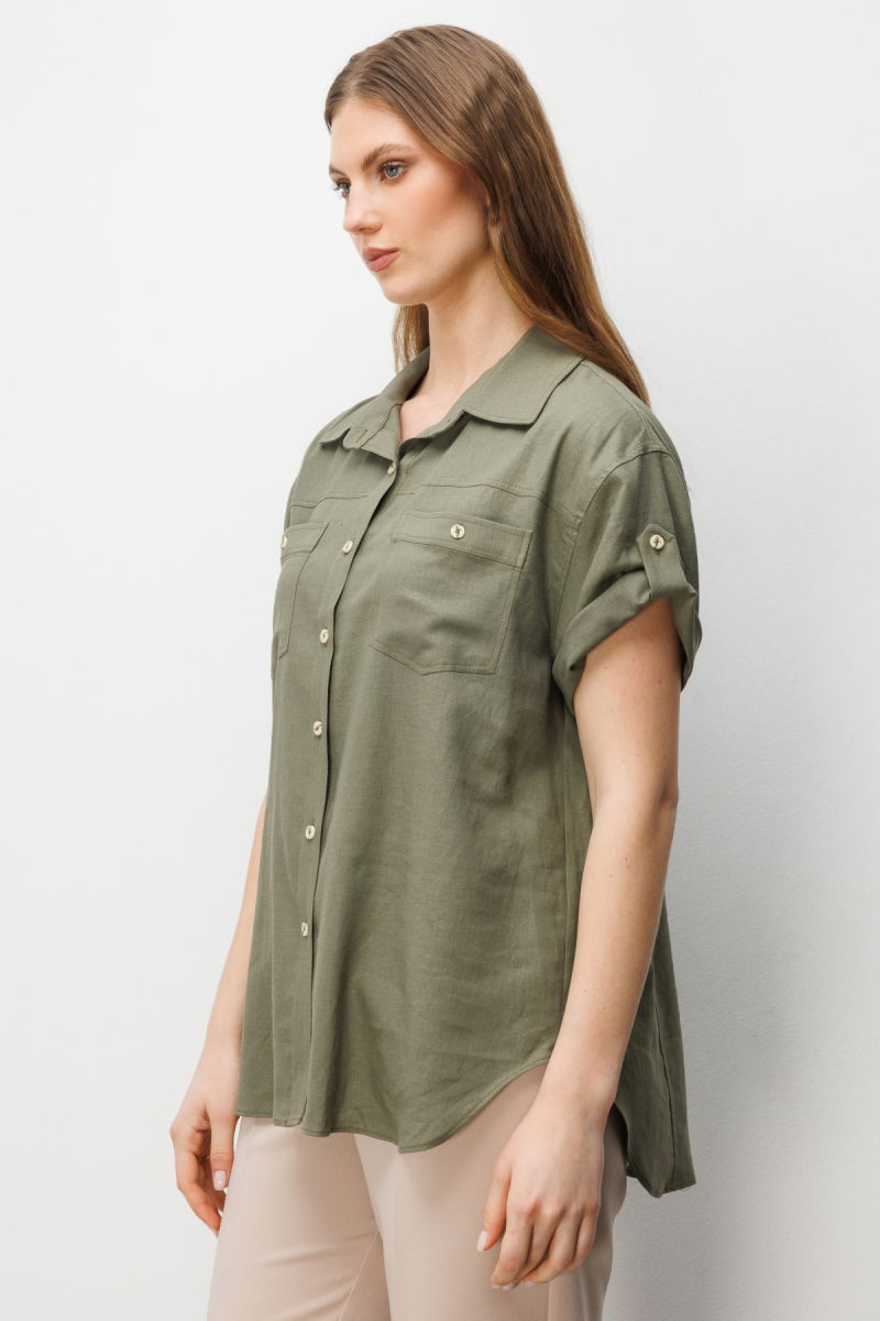 Ekol Kadın Büyük Beden Kısa Kollu Keten Gömlek 2524 Haki - 2