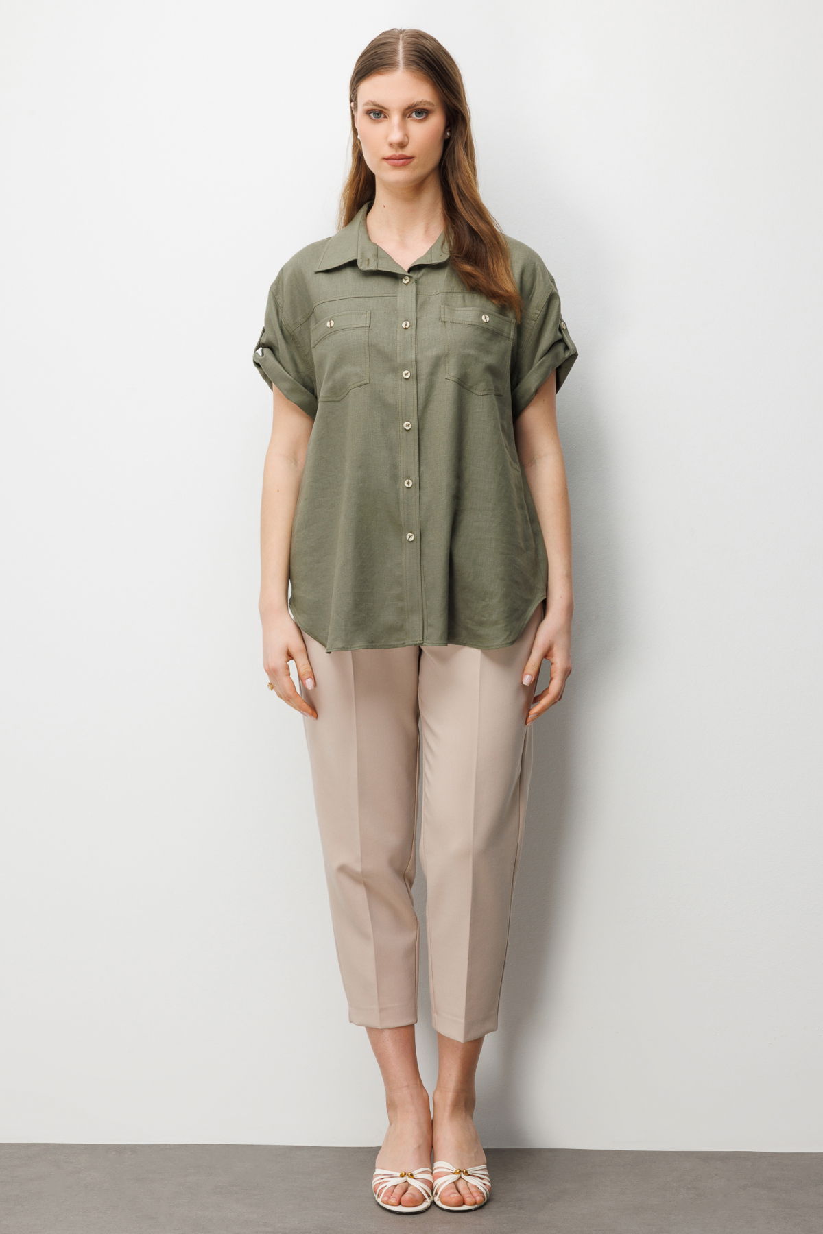 Ekol Kadın Büyük Beden Kısa Kollu Keten Gömlek 2524 Haki - 3