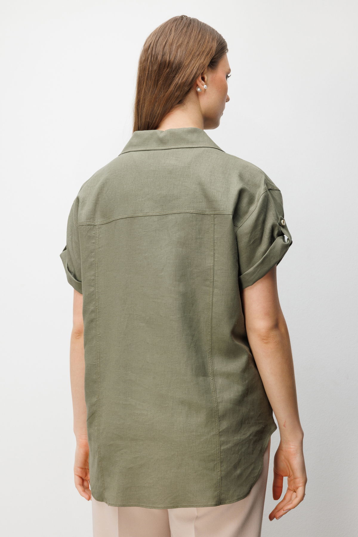 Ekol Kadın Büyük Beden Kısa Kollu Keten Gömlek 2524 Haki - 4