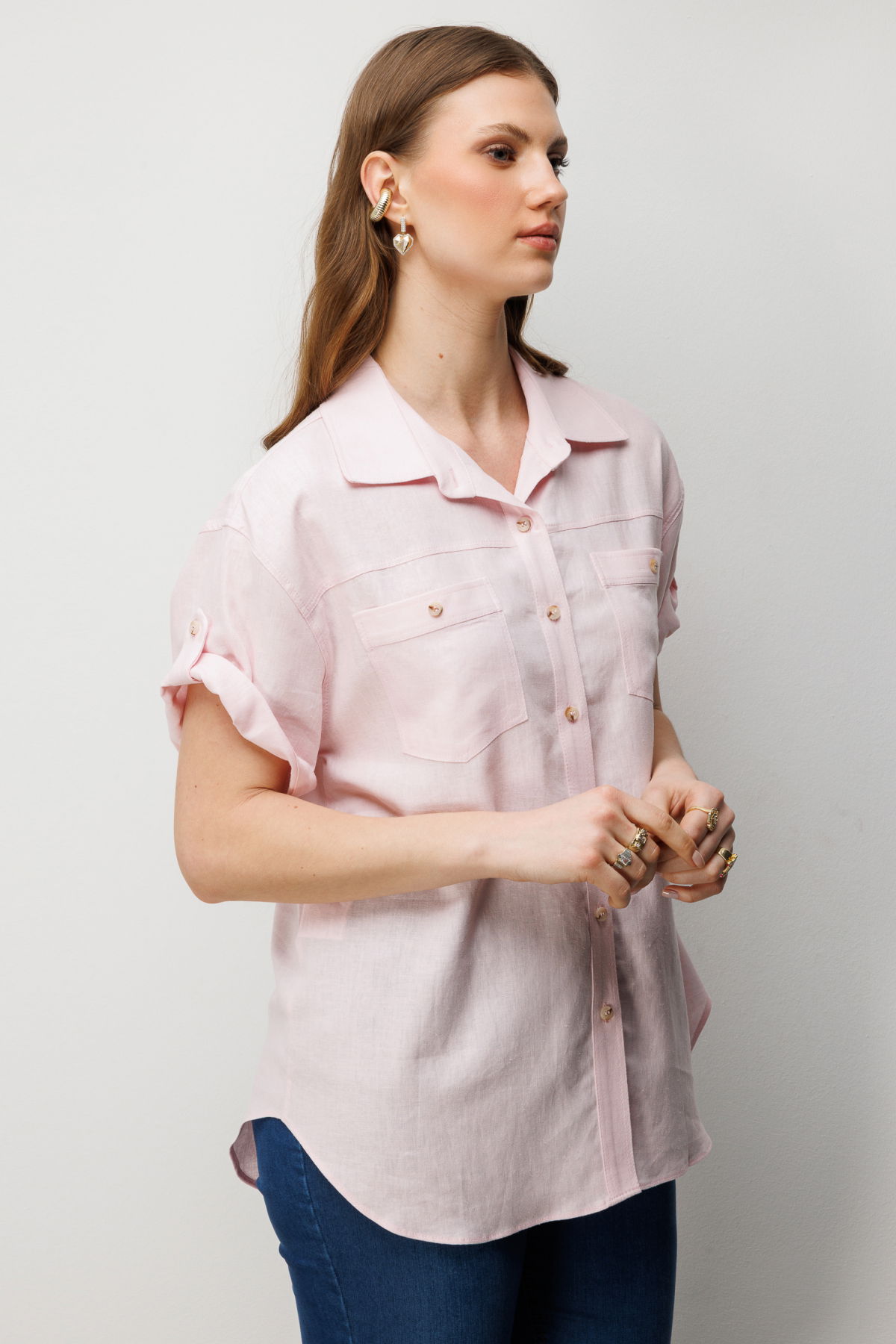 Ekol Kadın Büyük Beden Kısa Kollu Keten Gömlek 2524 Pembe - 2