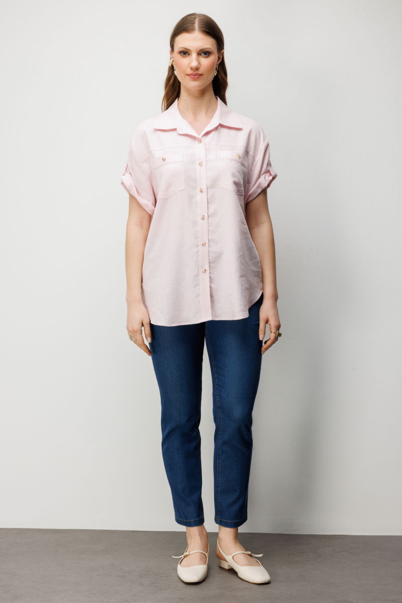 Ekol Kadın Büyük Beden Kısa Kollu Keten Gömlek 2524 Pembe - 3