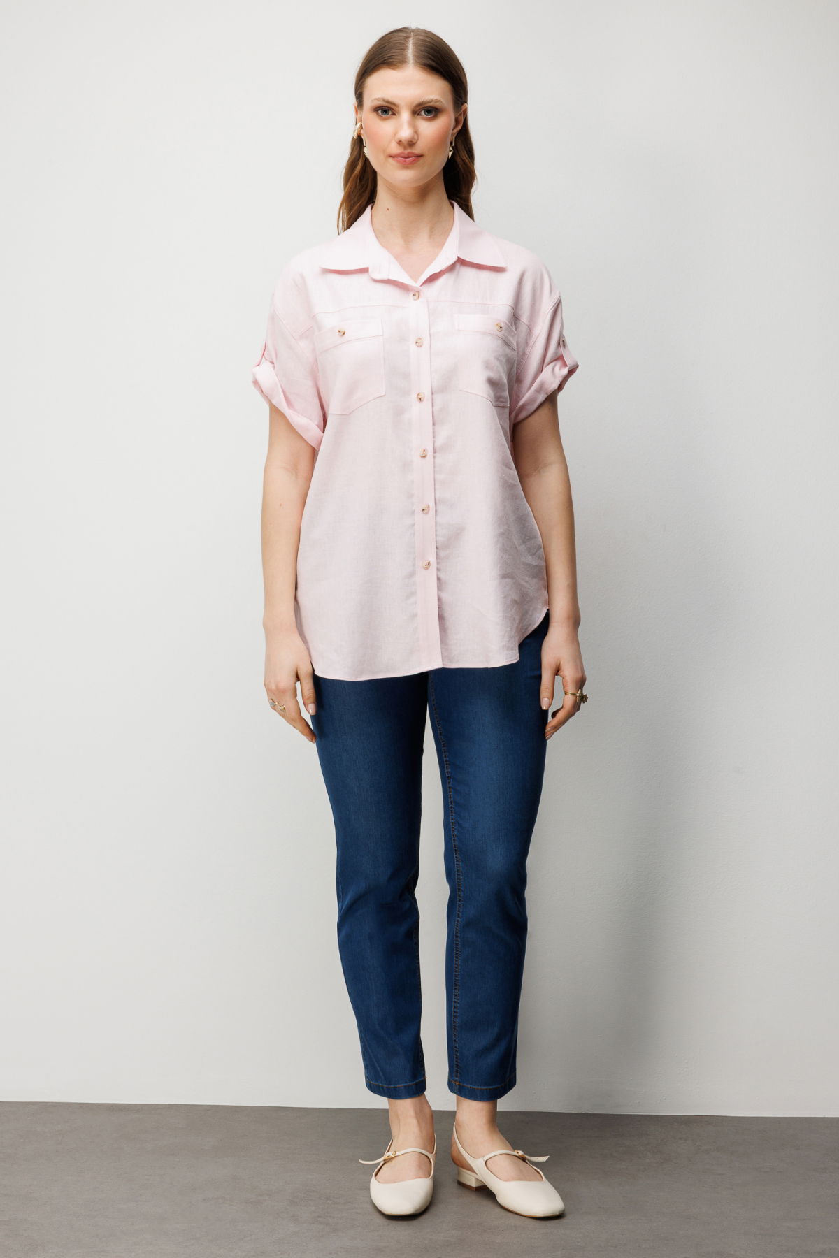 Ekol Kadın Büyük Beden Kısa Kollu Keten Gömlek 2524 Pembe - 3