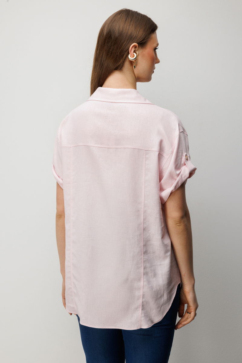 Ekol Kadın Büyük Beden Kısa Kollu Keten Gömlek 2524 Pembe - 4
