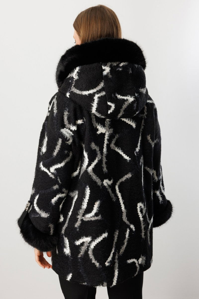 Ekol Kadın Büyük Beden Kolları ve Yakası Kürklü Desenli Kaban 6309 Siyah - 4