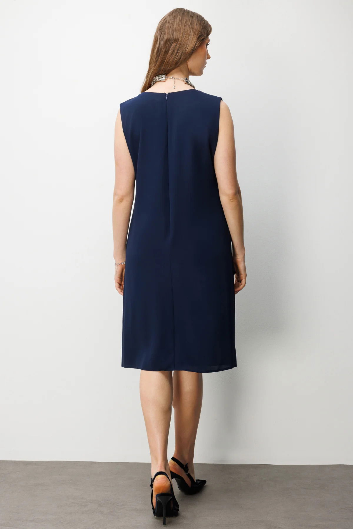 Ekol Kadın Büyük Beden Kolsuz Kat Kat Midi Elbise 6510 Lacivert - 4