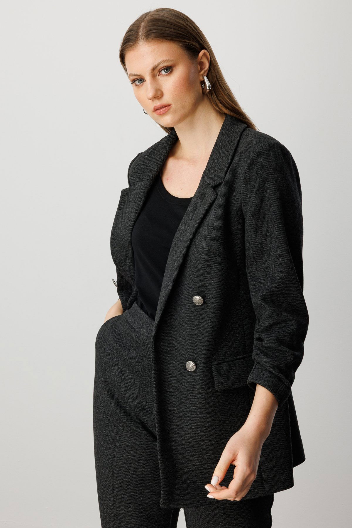 Ekol Kadın Büyük Beden Kolu Büzgülü Kapak Cepli Ceket 5587 Antrasit - 2