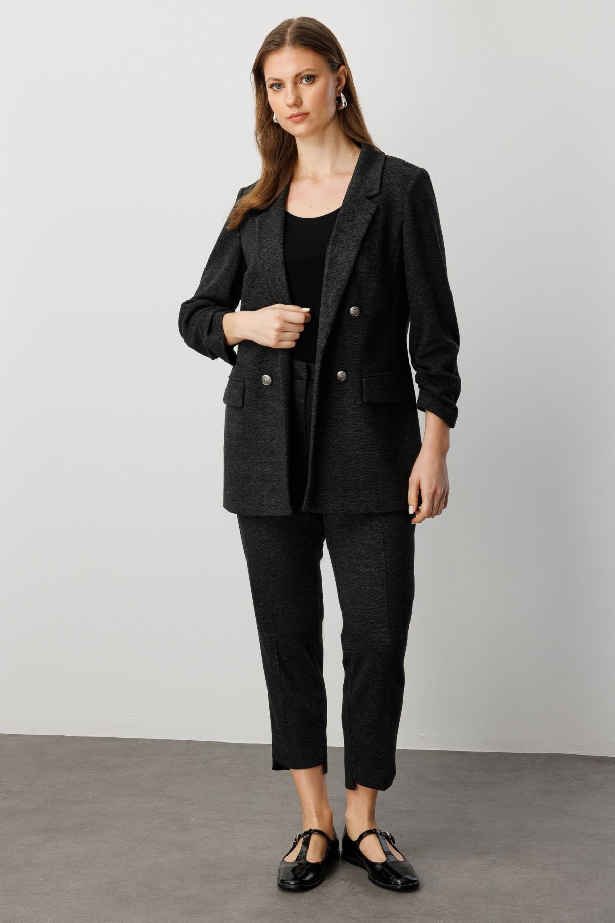 Ekol Kadın Büyük Beden Kolu Büzgülü Kapak Cepli Ceket 5587 Antrasit - 3