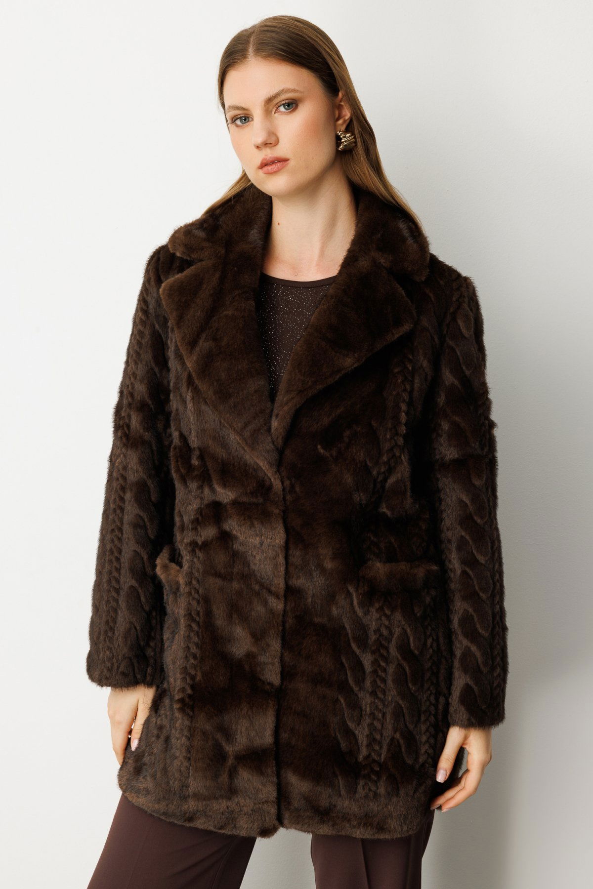 Ekol Kadın Büyük Beden Kruvaze Yaka Torba Cepli Kaban 6961 Kahverengi - 1