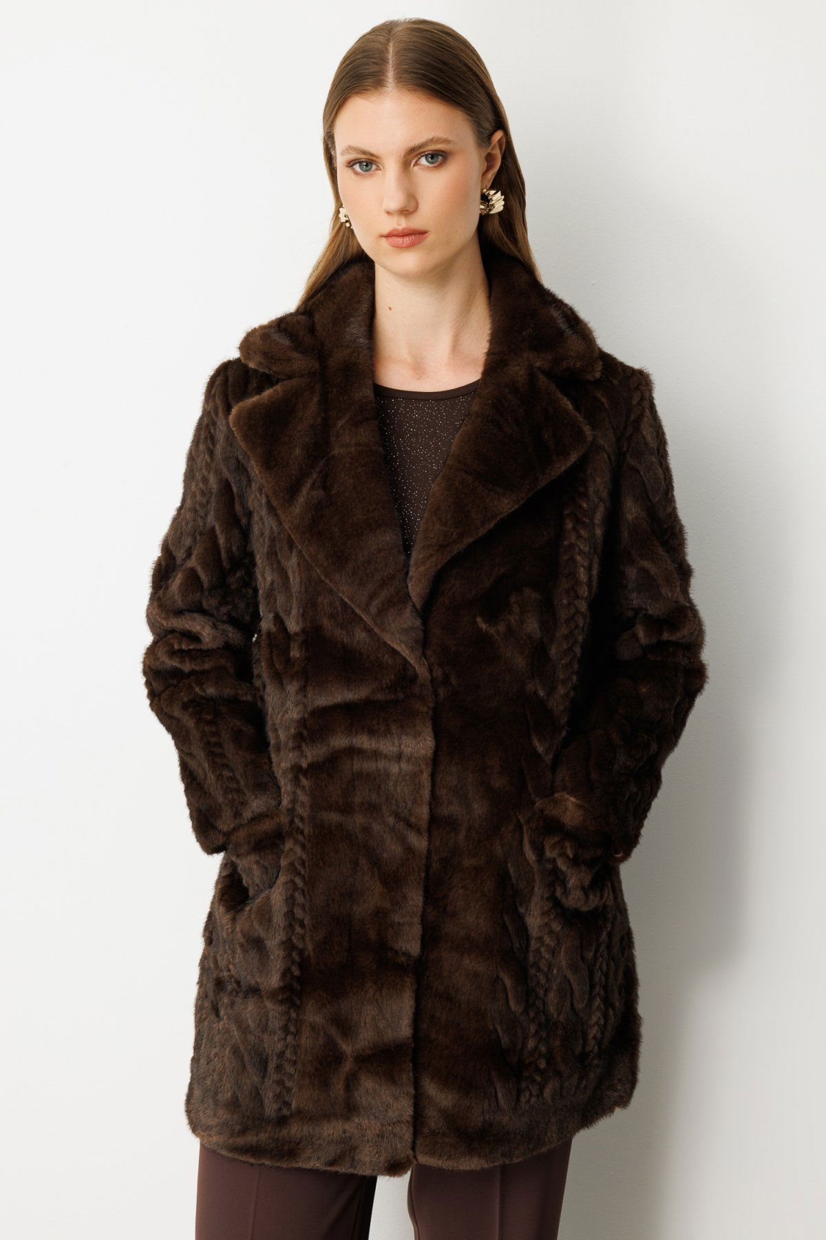 Ekol Kadın Büyük Beden Kruvaze Yaka Torba Cepli Kaban 6961 Kahverengi - 2