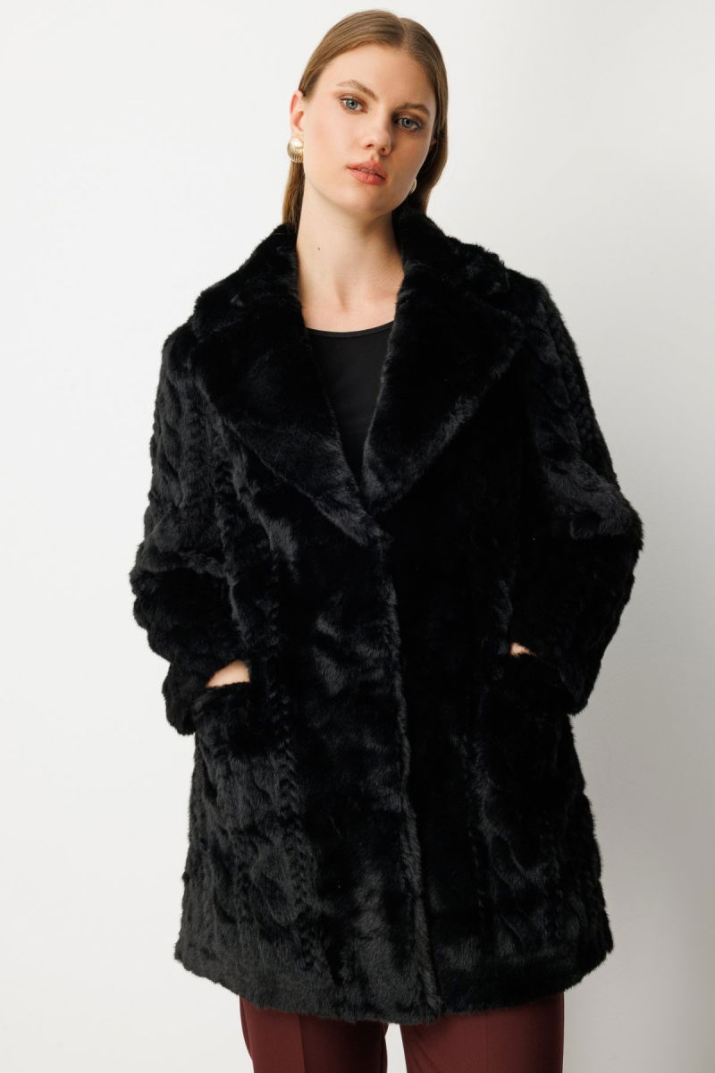 Ekol Kadın Büyük Beden Kruvaze Yaka Torba Cepli Kaban 6961 Siyah - Ekol