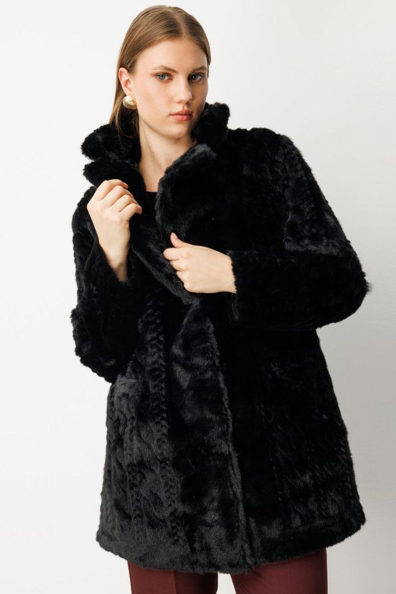 Ekol Kadın Büyük Beden Kruvaze Yaka Torba Cepli Kaban 6961 Siyah - 2