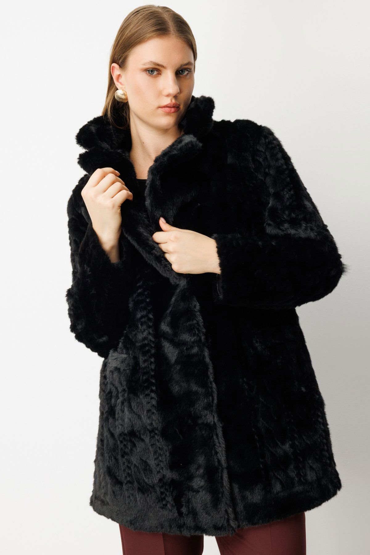 Ekol Kadın Büyük Beden Kruvaze Yaka Torba Cepli Kaban 6961 Siyah - 2