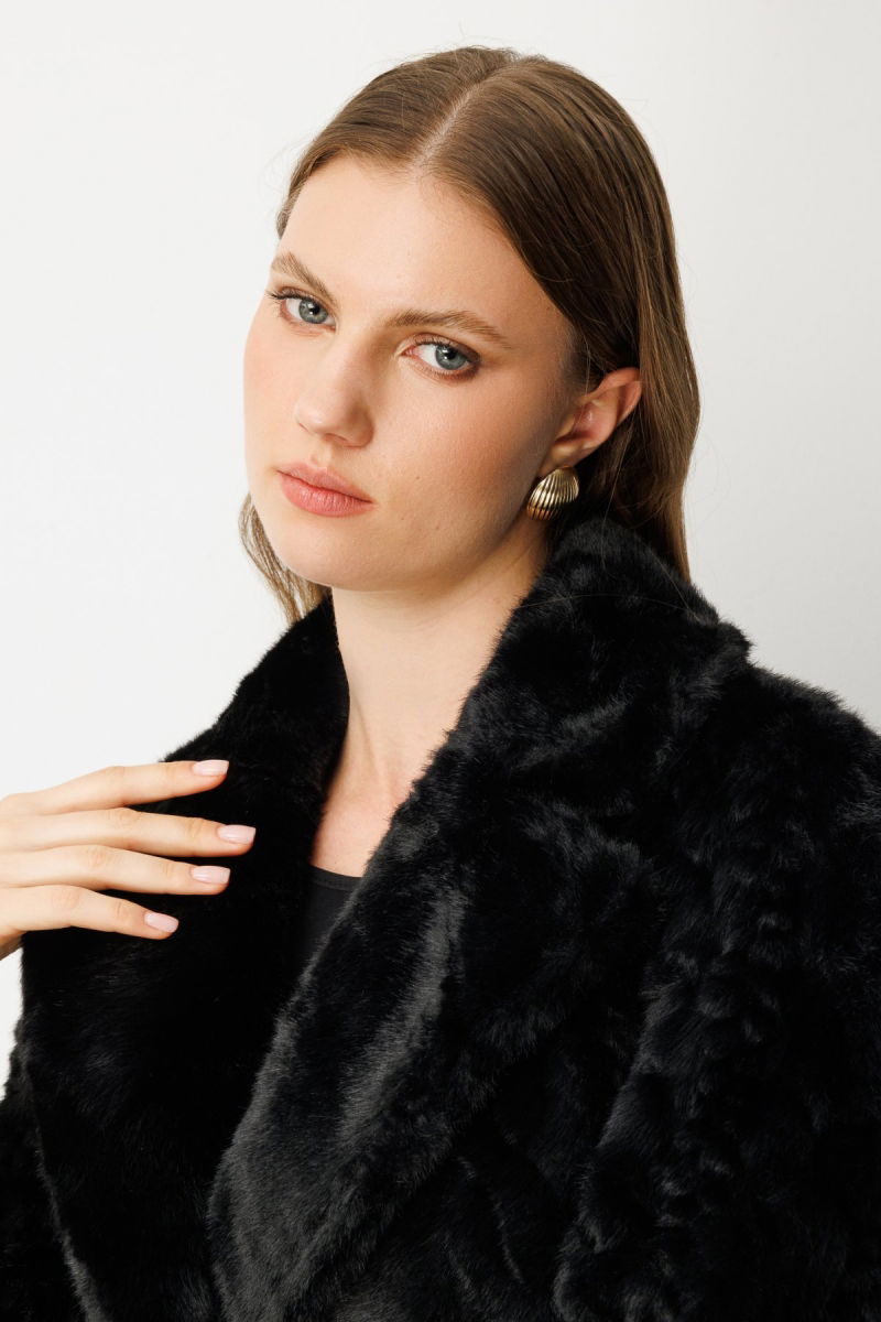 Ekol Kadın Büyük Beden Kruvaze Yaka Torba Cepli Kaban 6961 Siyah - 3