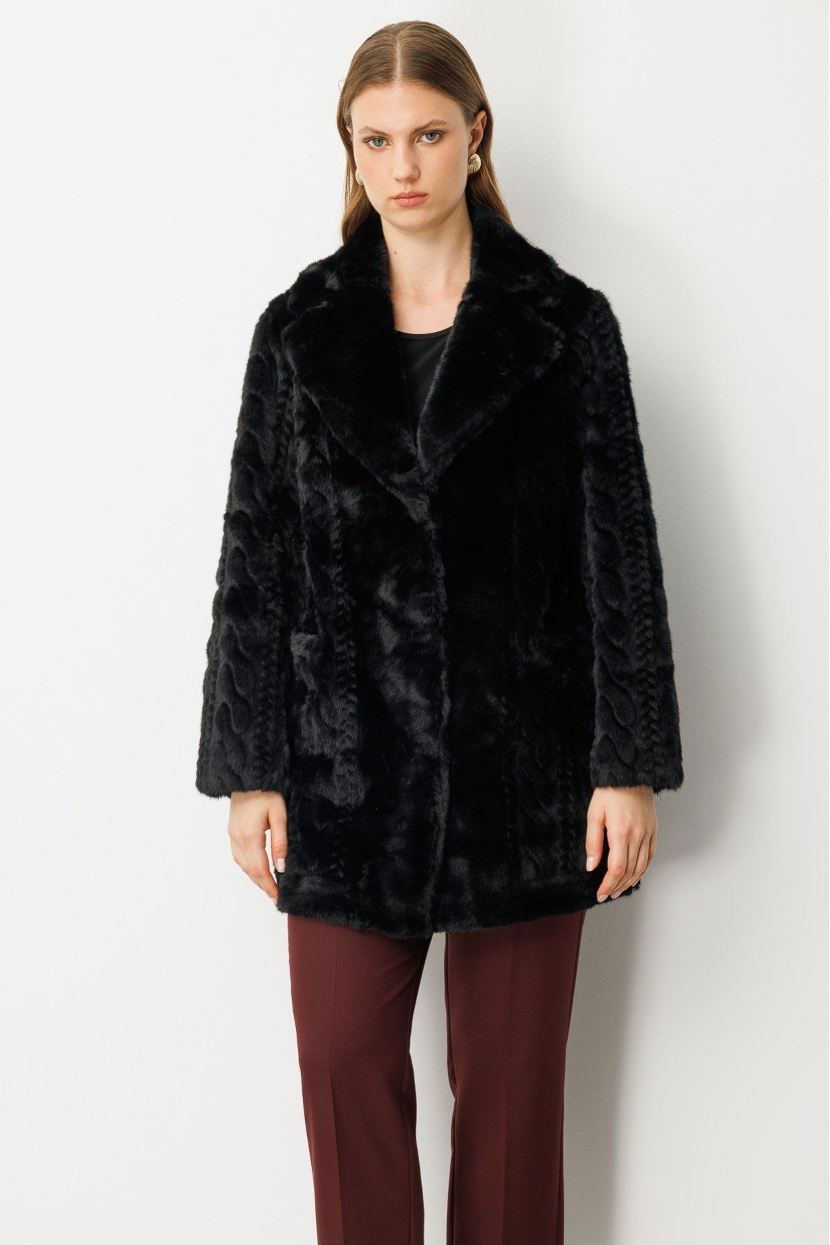 Ekol Kadın Büyük Beden Kruvaze Yaka Torba Cepli Kaban 6961 Siyah - 4