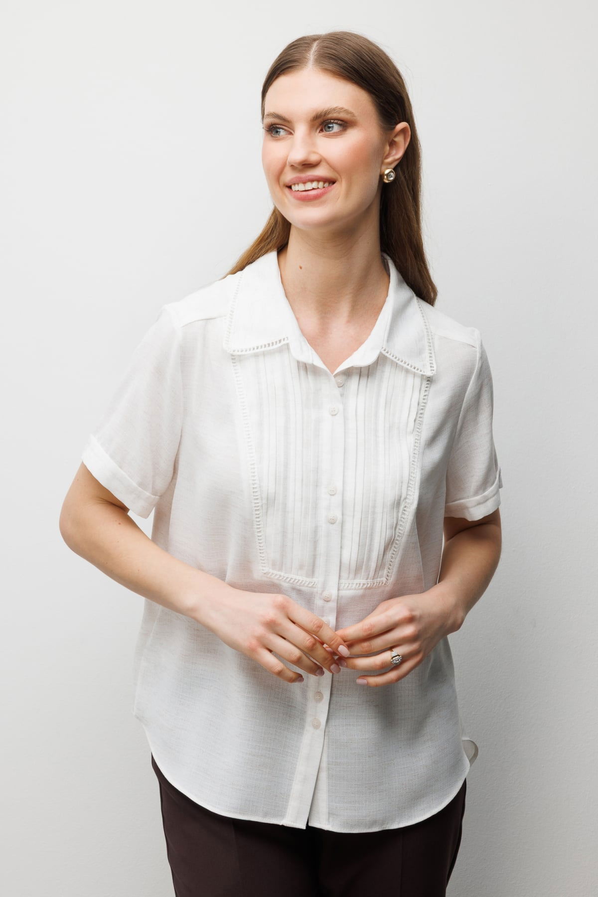 Ekol Kadın Büyük Beden Kumaşı Desenli Kısa Kollu Gömlek 2542 Kum - 1