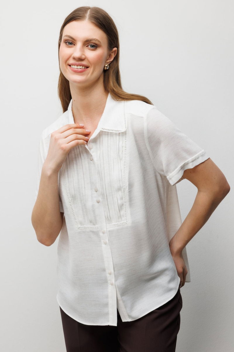 Ekol Kadın Büyük Beden Kumaşı Desenli Kısa Kollu Gömlek 2542 Kum - 2