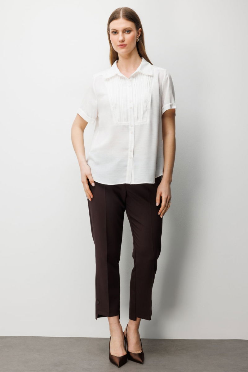 Ekol Kadın Büyük Beden Kumaşı Desenli Kısa Kollu Gömlek 2542 Kum - 3