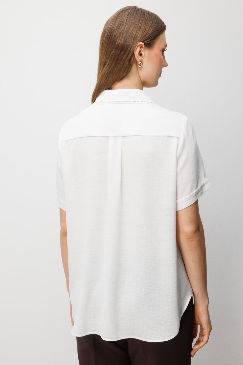 Ekol Kadın Büyük Beden Kumaşı Desenli Kısa Kollu Gömlek 2542 Kum - 4