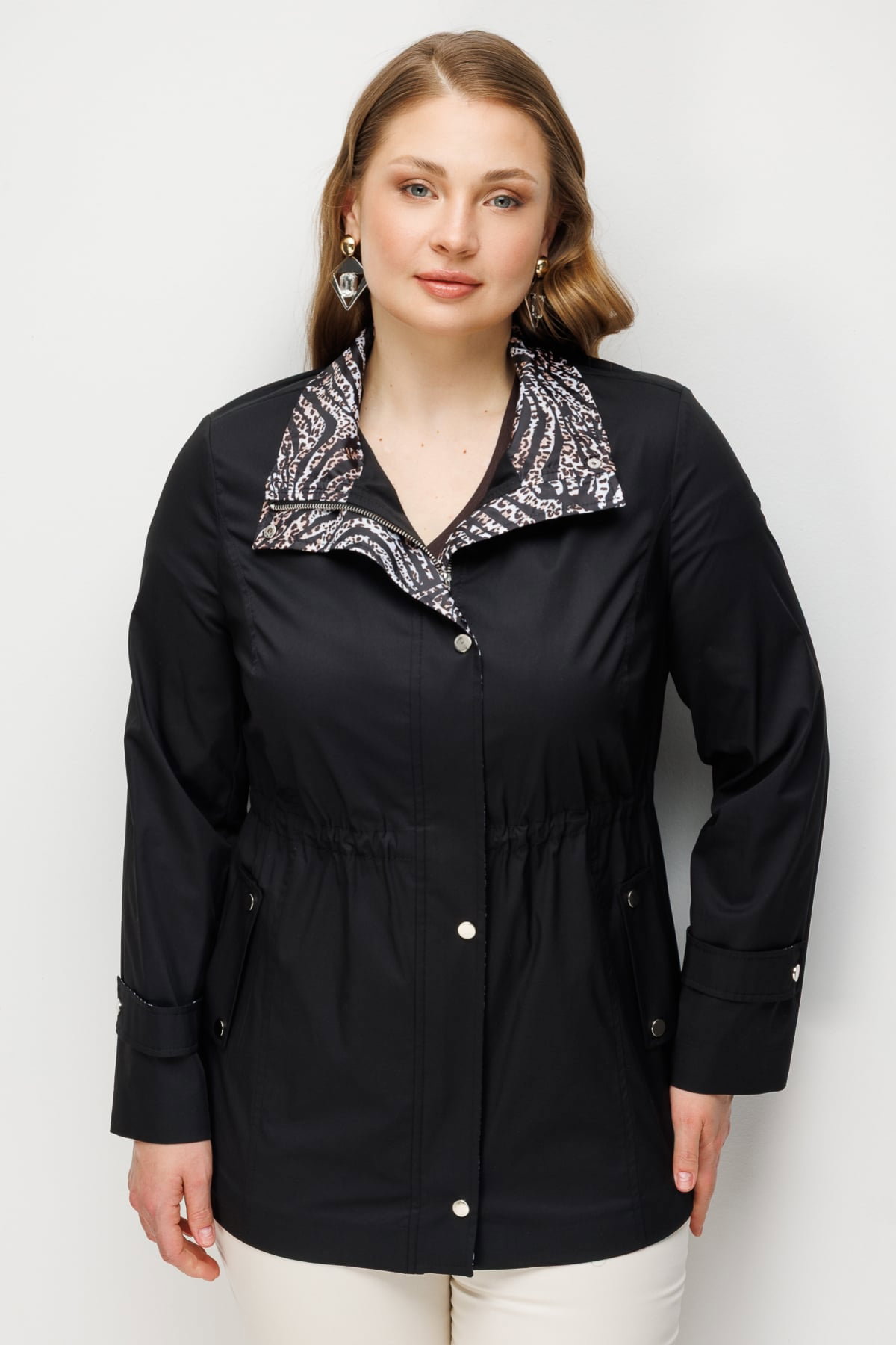 Ekol Kadın Büyük Beden Leopar Desenli Pamuklu Trençkot 7544 Siyah - 1