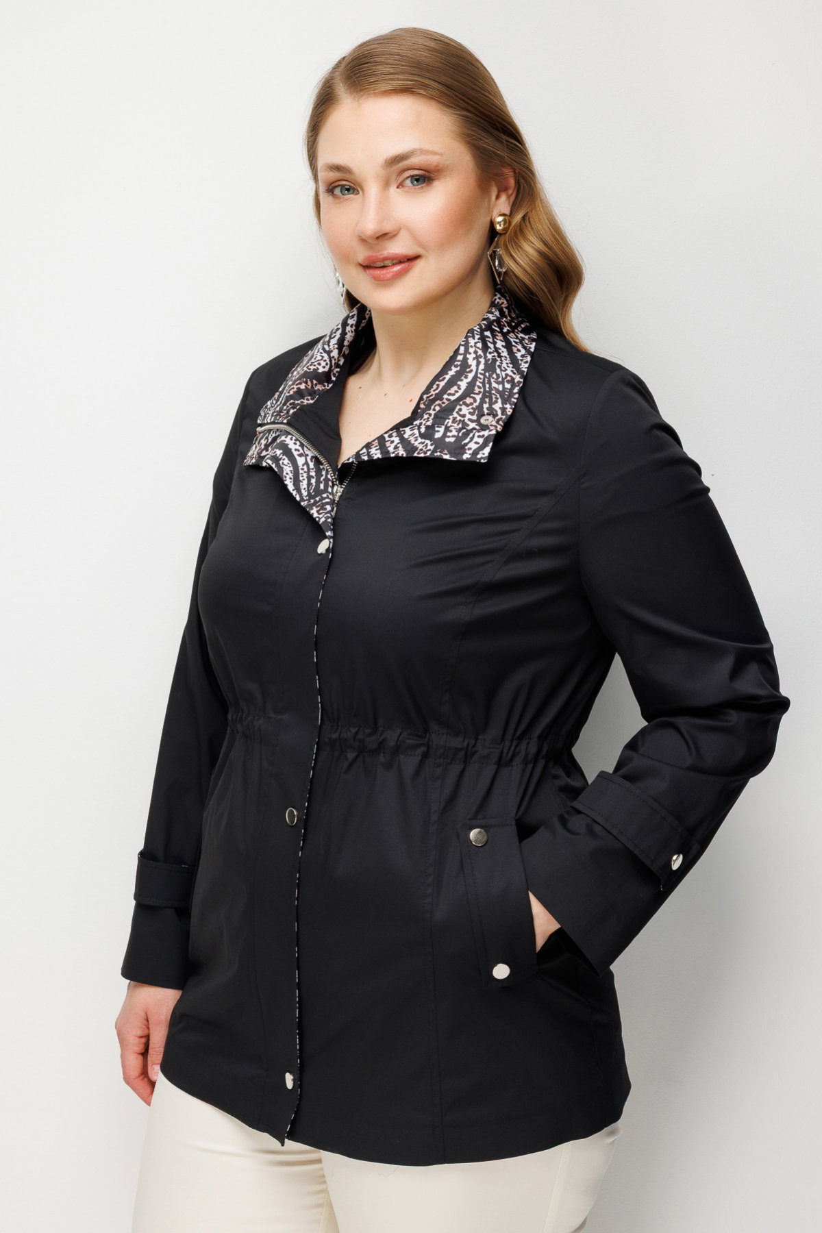 Ekol Kadın Büyük Beden Leopar Desenli Pamuklu Trençkot 7544 Siyah - 2