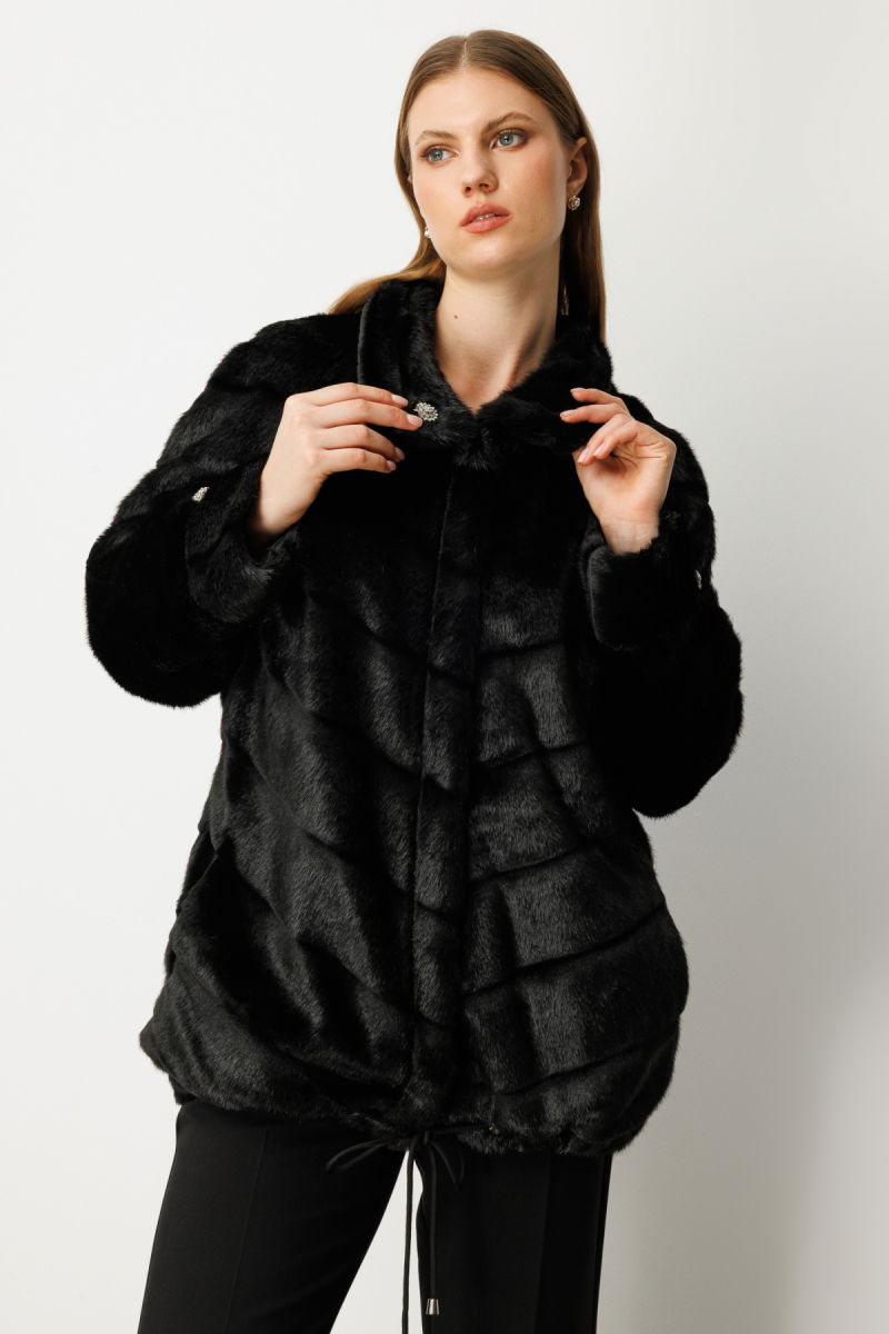 Ekol Kadın Büyük Beden Metal Aksesuarlı Peluş Kaban 6305 Siyah - 2