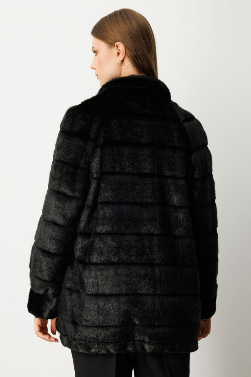 Ekol Kadın Büyük Beden Metal Aksesuarlı Peluş Kaban 6305 Siyah - 5