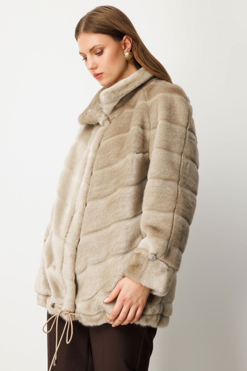 Ekol Kadın Büyük Beden Metal Aksesuarlı Peluş Kaban 6305 Vizon - 2