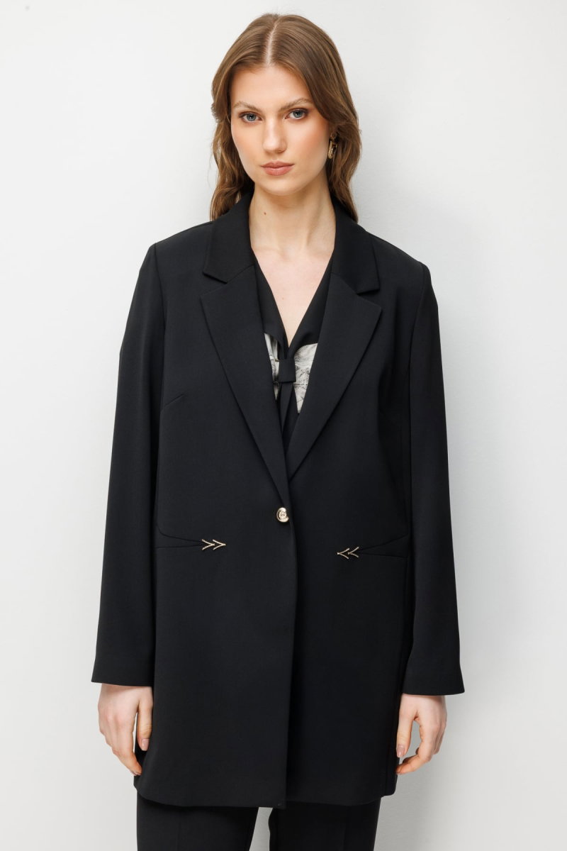 Ekol Kadın Büyük Beden Metal Aksesuarlı Tek Düğme Ceket 1514 Siyah - Ekol