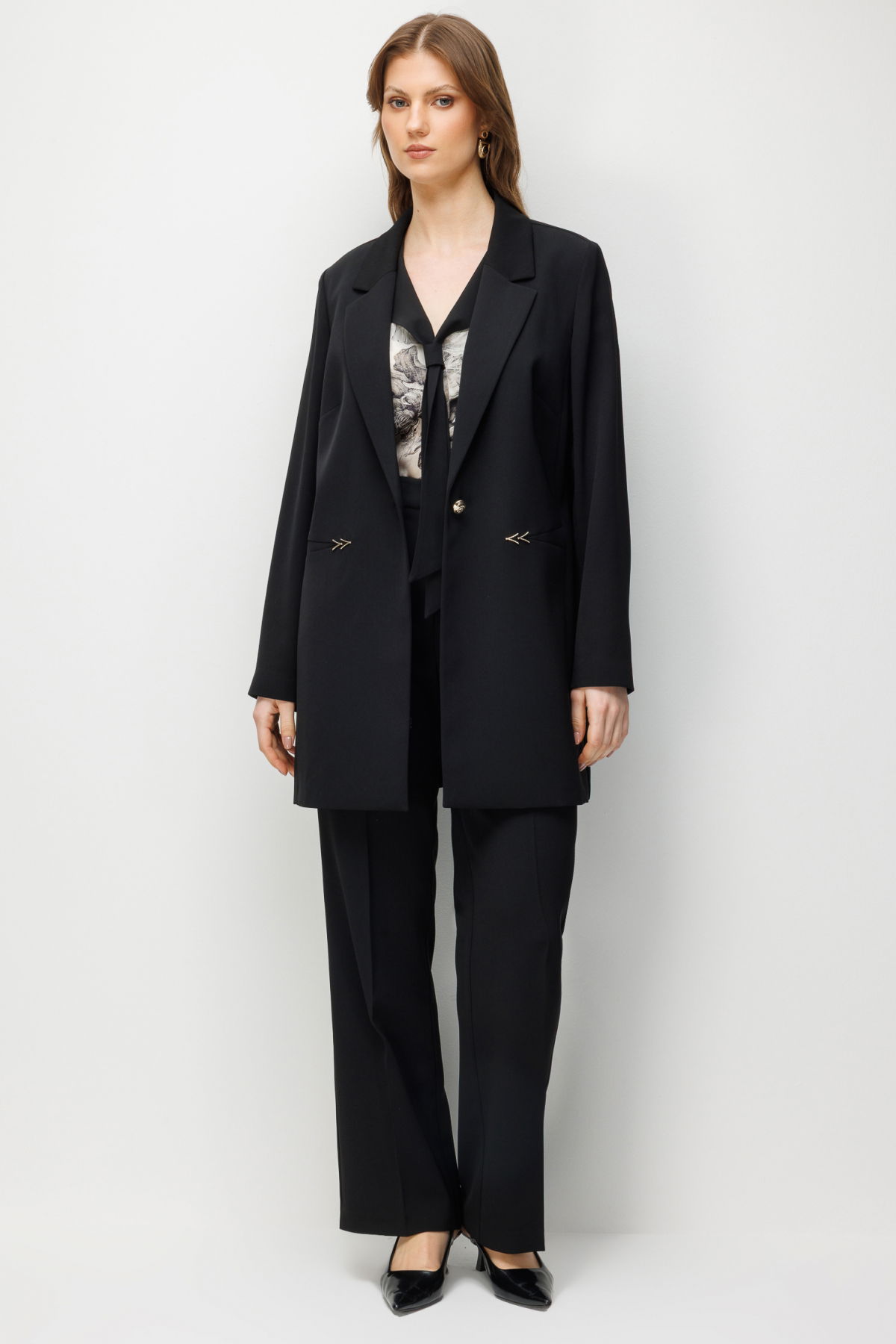 Ekol Kadın Büyük Beden Metal Aksesuarlı Tek Düğme Ceket 1514 Siyah - 3