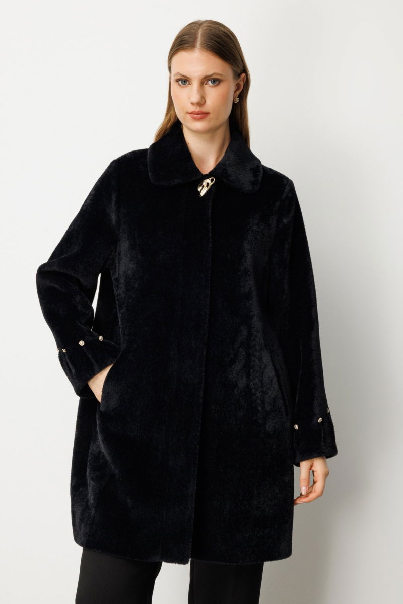 Ekol Kadın Büyük Beden Metal Broşlu Peluş Kaban 6331 Siyah - 2