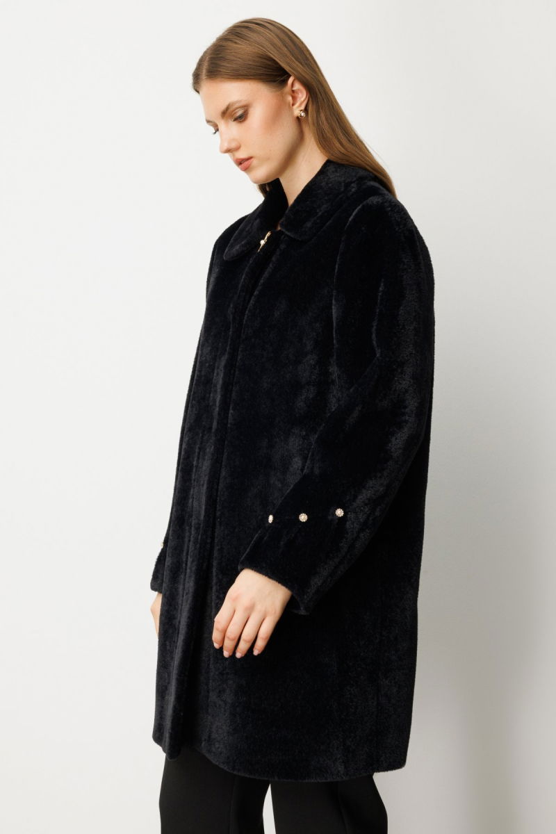 Ekol Kadın Büyük Beden Metal Broşlu Peluş Kaban 6331 Siyah - 3