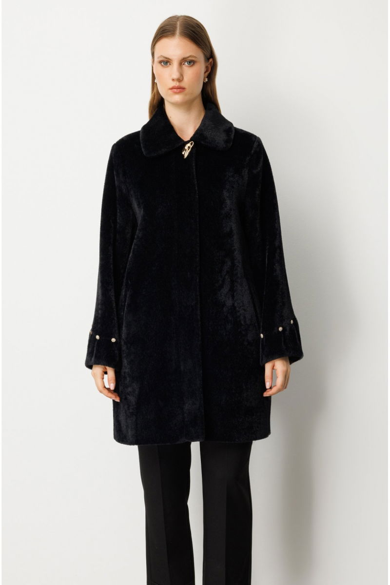 Ekol Kadın Büyük Beden Metal Broşlu Peluş Kaban 6331 Siyah - 4