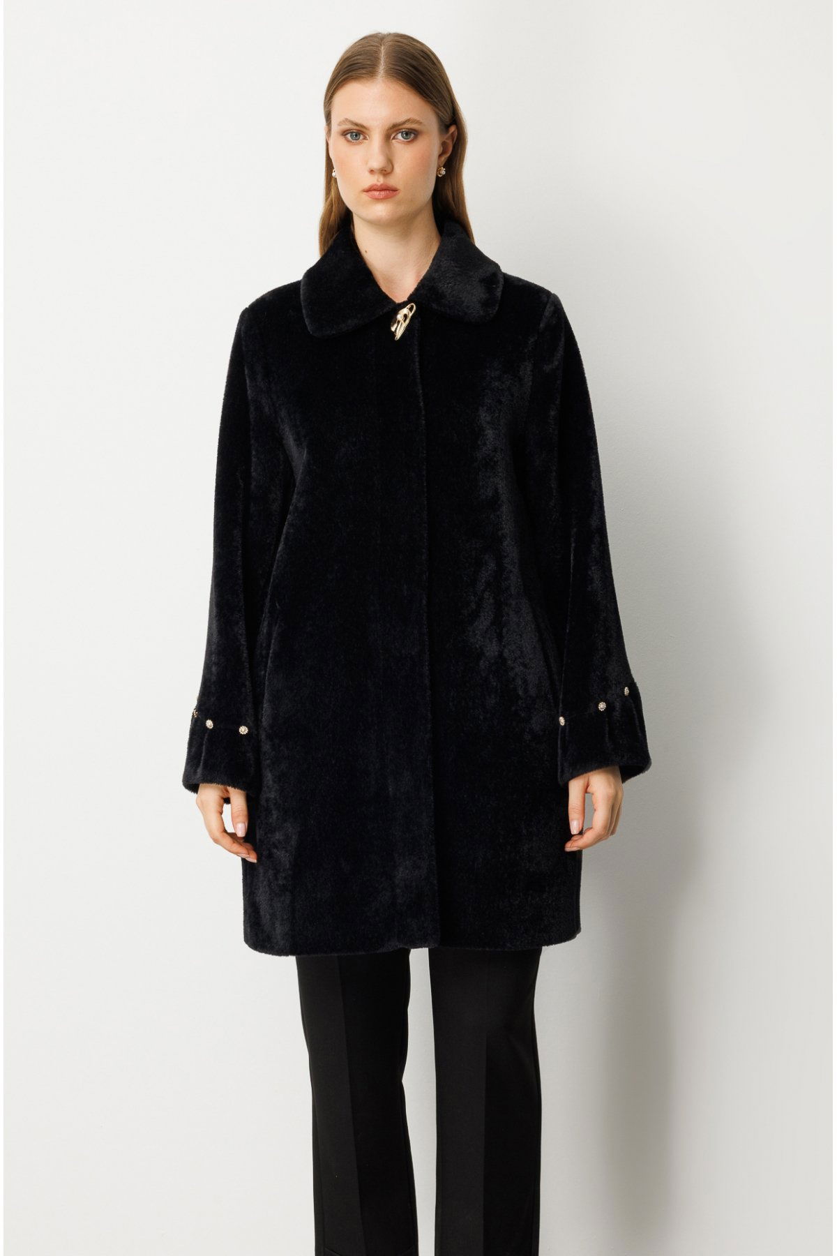 Ekol Kadın Büyük Beden Metal Broşlu Peluş Kaban 6331 Siyah - 4