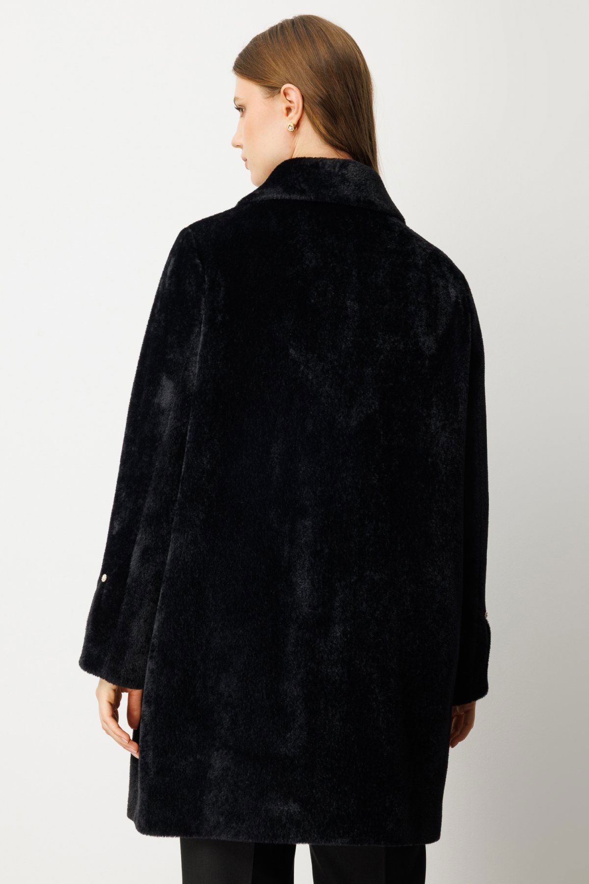 Ekol Kadın Büyük Beden Metal Broşlu Peluş Kaban 6331 Siyah - 5