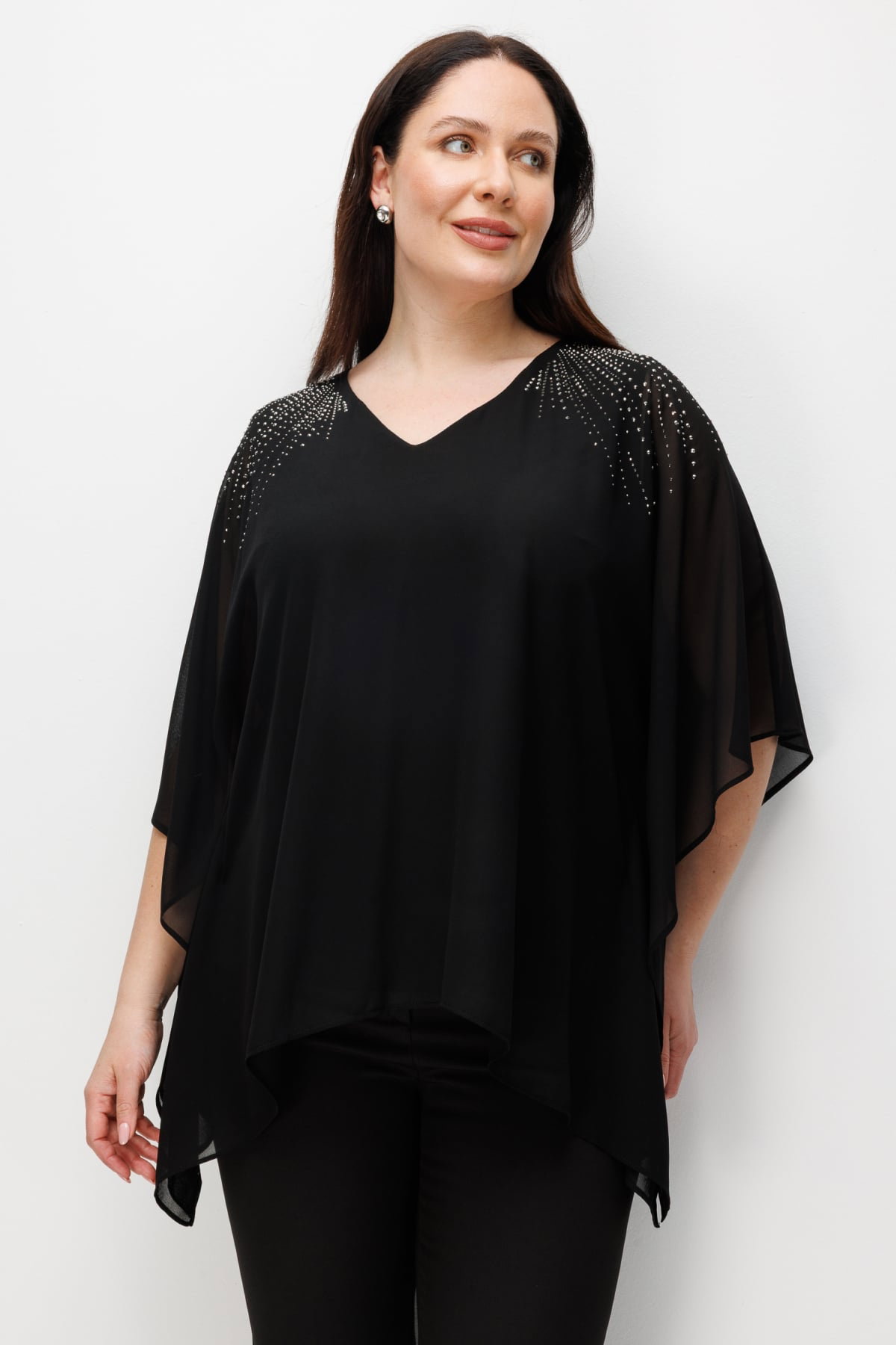 Ekol Kadın Büyük Beden Omzu Taş İşlemeli V Yaka Bluz 2510 Siyah - 1
