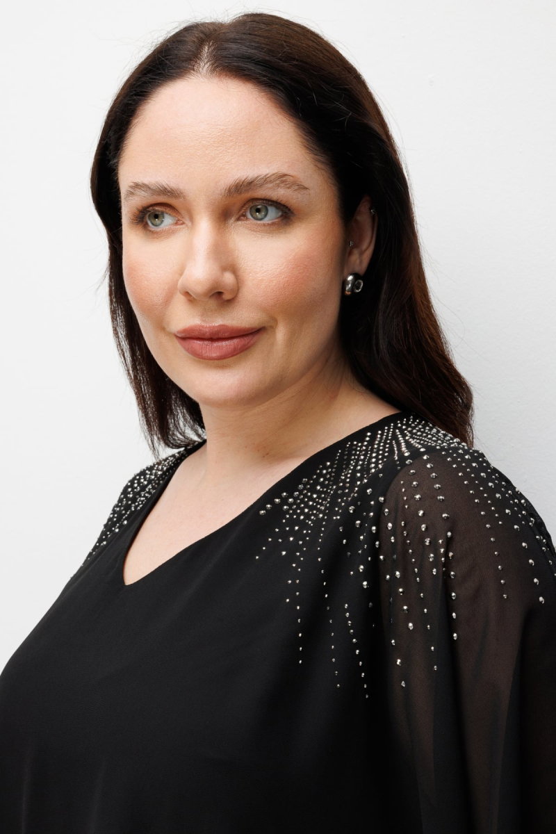 Ekol Kadın Büyük Beden Omzu Taş İşlemeli V Yaka Bluz 2510 Siyah - 3