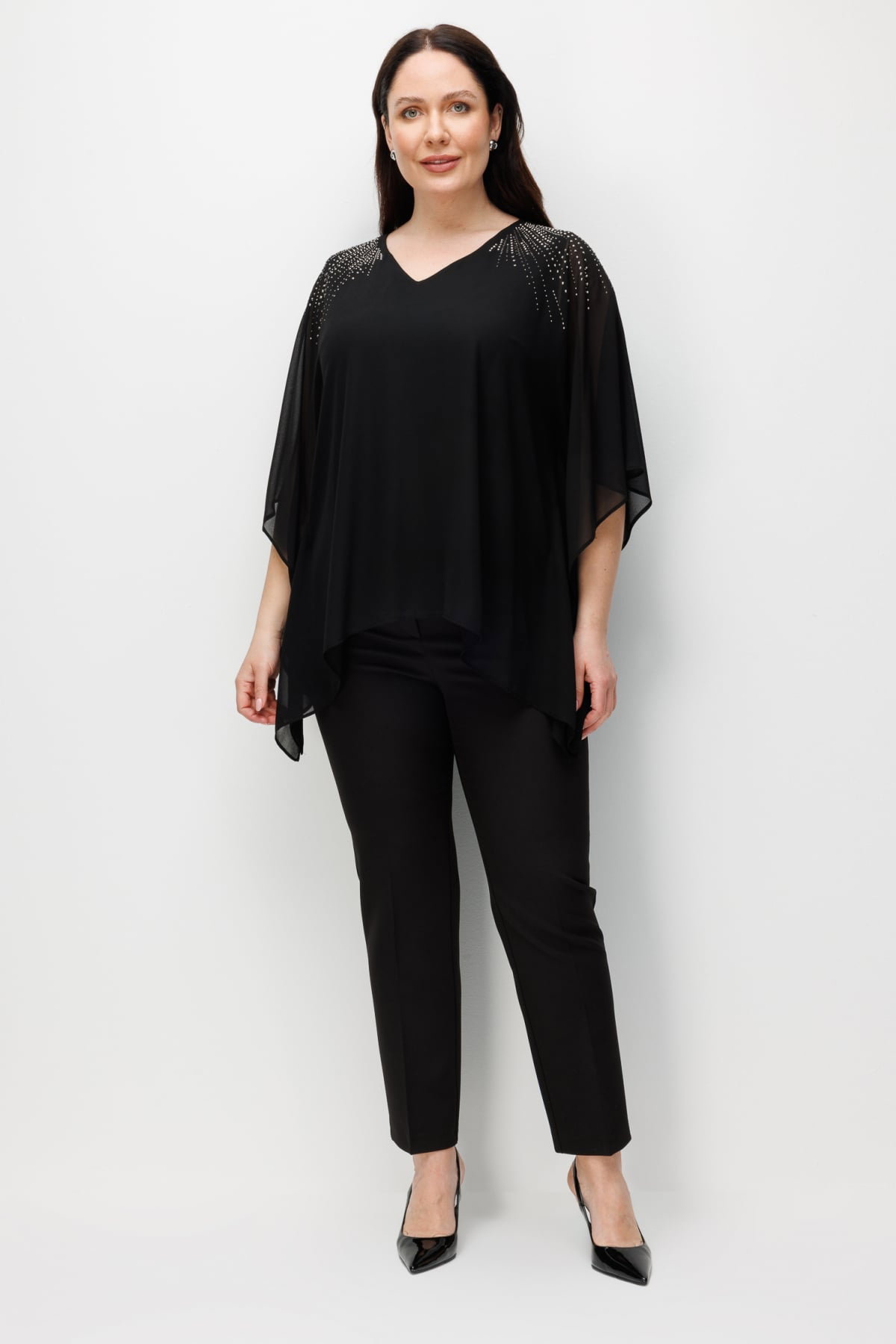 Ekol Kadın Büyük Beden Omzu Taş İşlemeli V Yaka Bluz 2510 Siyah - 4