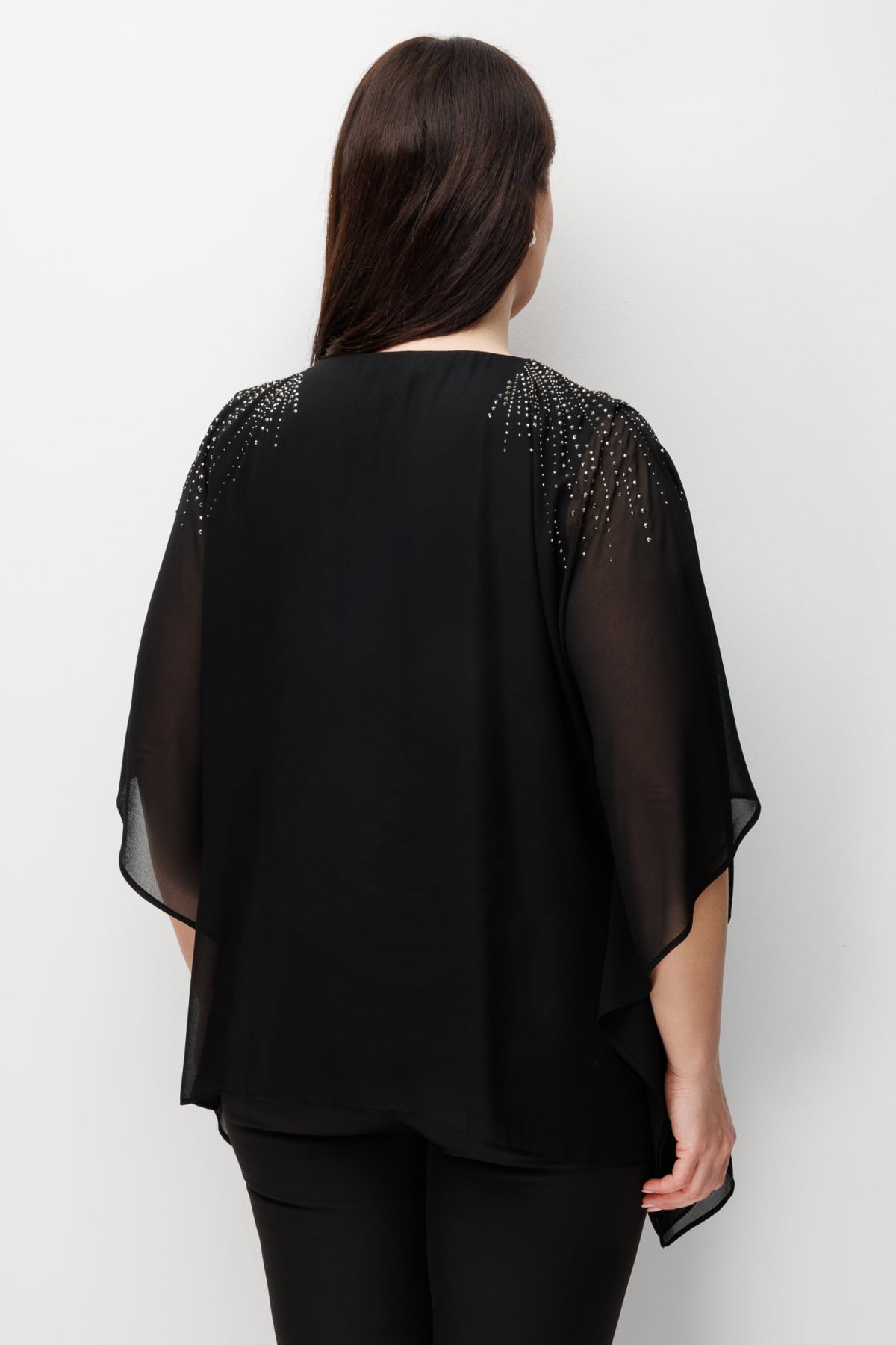 Ekol Kadın Büyük Beden Omzu Taş İşlemeli V Yaka Bluz 2510 Siyah - 5