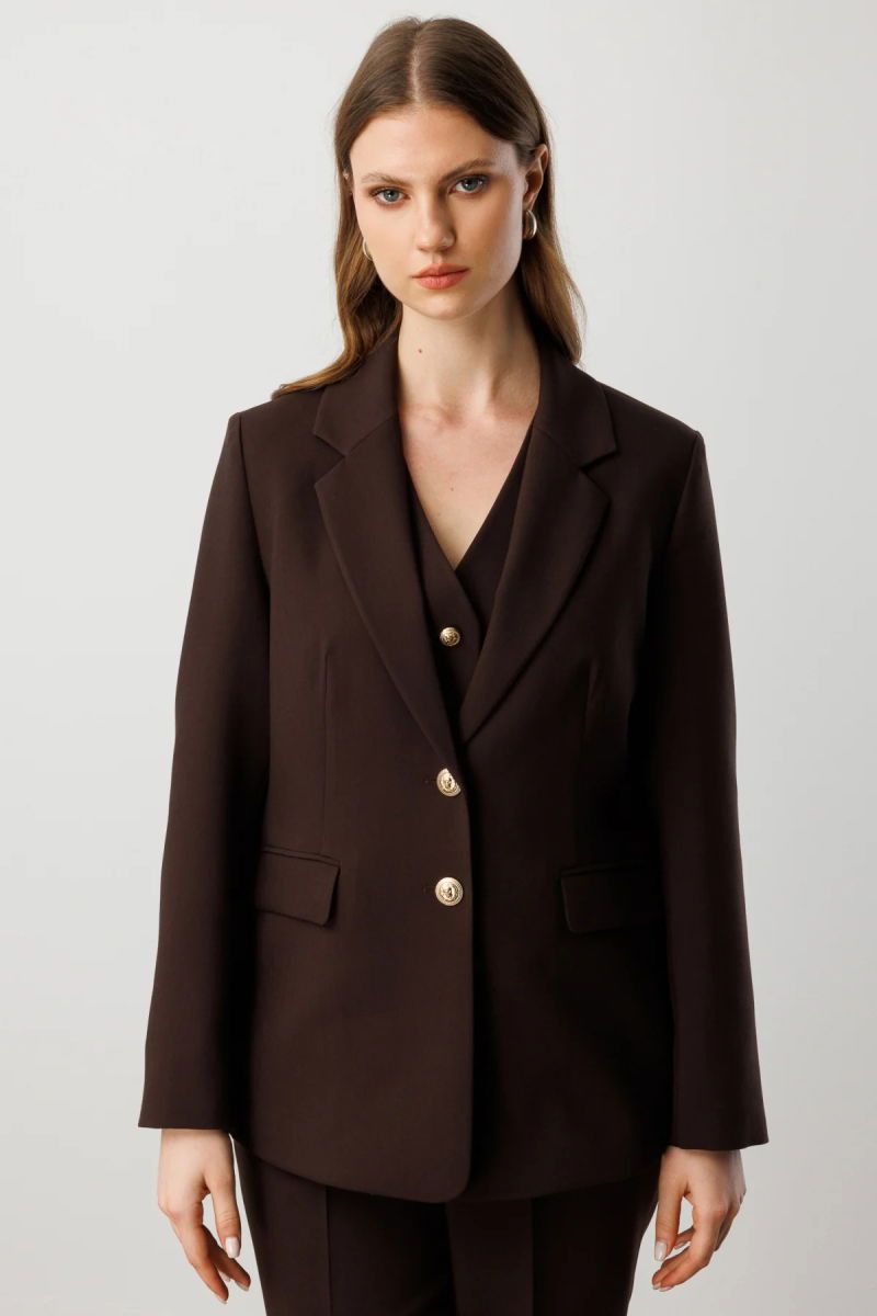 Ekol Kadın Büyük Beden Omzu Vatkalı Kapak Cepli Ceket 5529 Kahverengi - Ekol