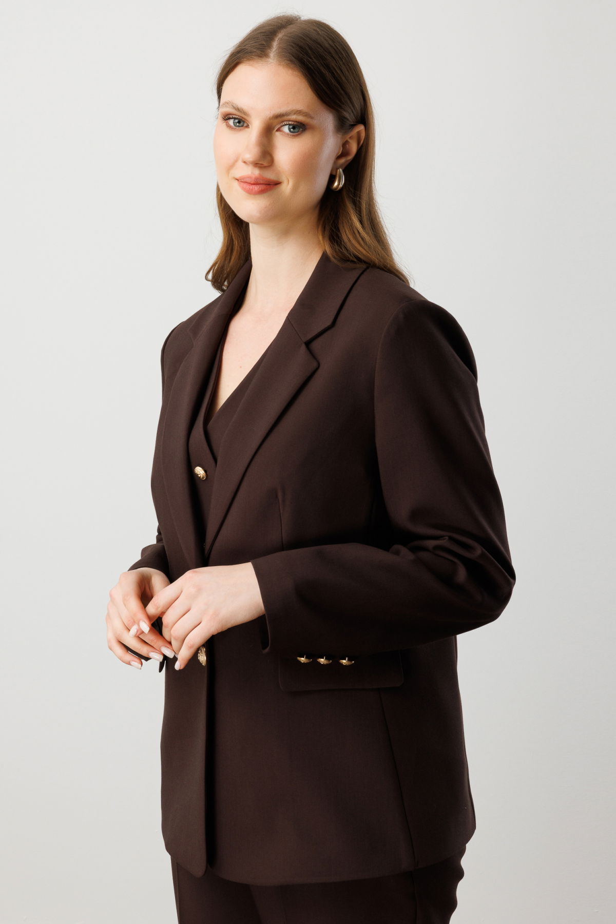 Ekol Kadın Büyük Beden Omzu Vatkalı Kapak Cepli Ceket 5529 Kahverengi - 2