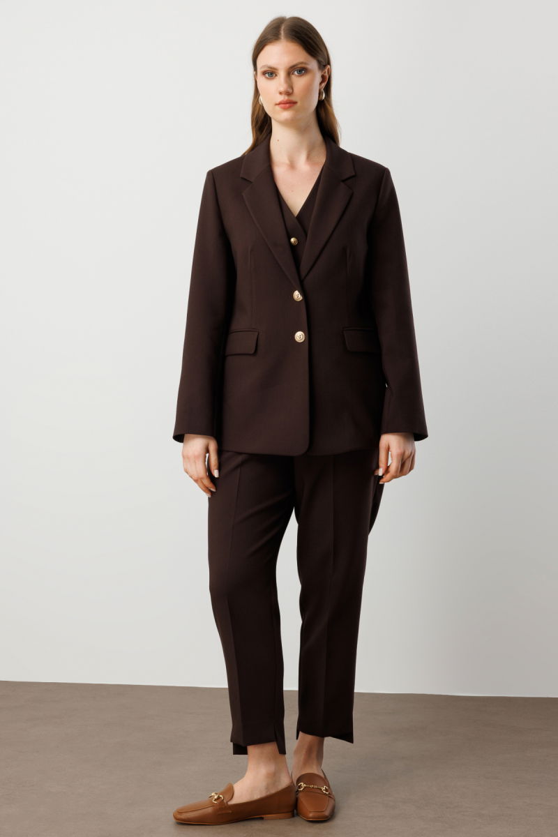 Ekol Kadın Büyük Beden Omzu Vatkalı Kapak Cepli Ceket 5529 Kahverengi - 3