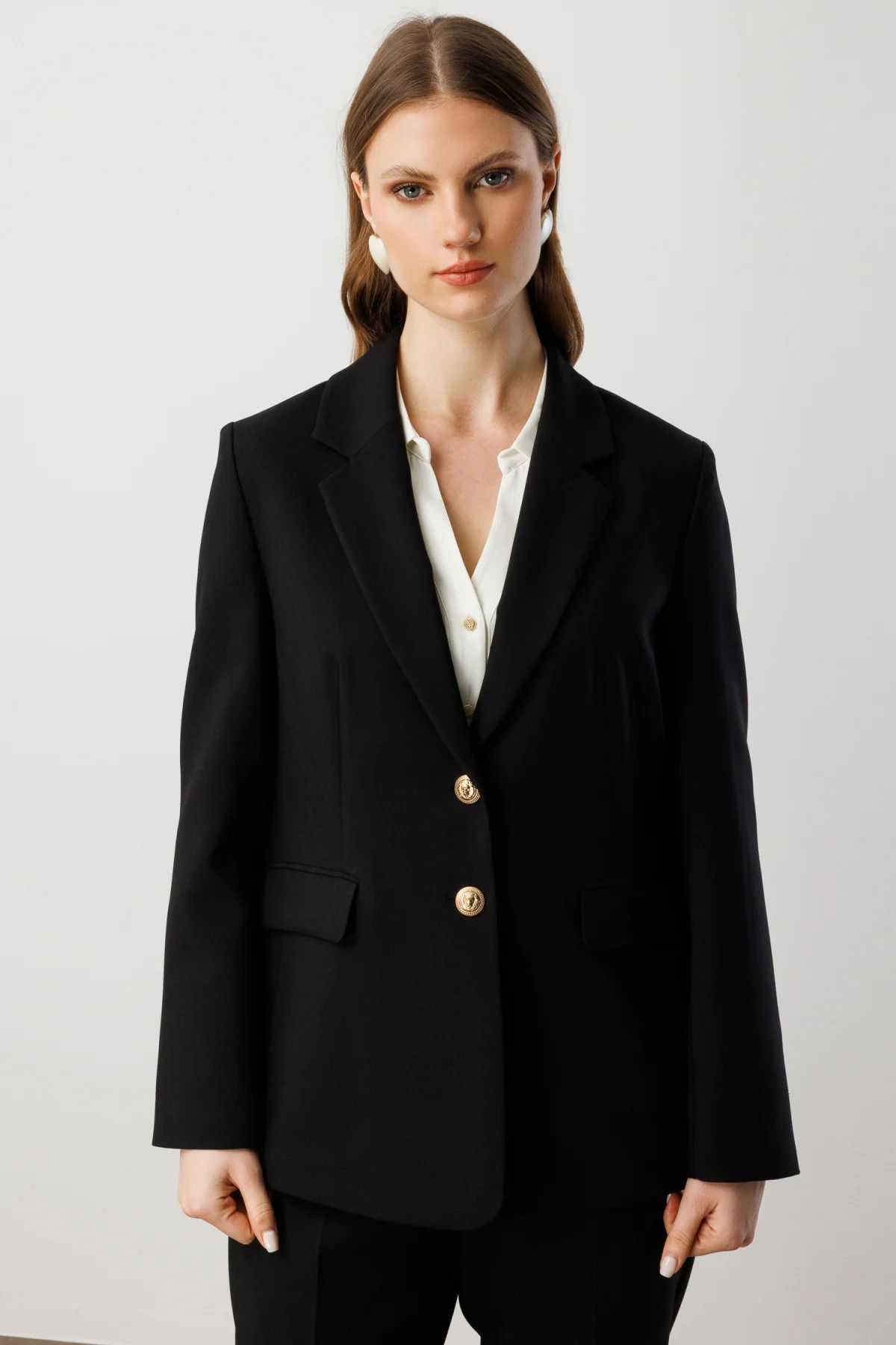 Ekol Kadın Büyük Beden Omzu Vatkalı Kapak Cepli Ceket 5529 Siyah - 1